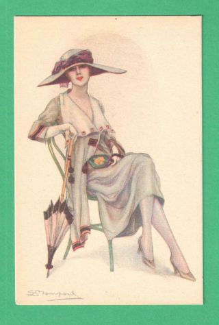 Vintage Sergio Bompard Art Postcard Fashionable Lady Umbrella Chair