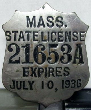Mass State License Pinback Expires July 10 1936 Chauffeur