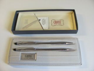 Vintage Cross Chrome Ball Pen & Mechanical Pencil Set With Box & Papers