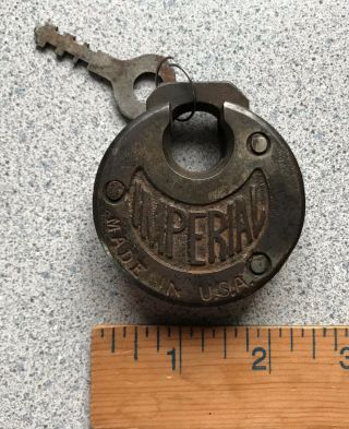 Vintage Made In Usa Imperial Round Pad Lock And Key
