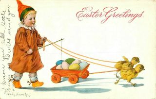 1911 Easter Greetings,  Baby Chicks Pulling Easter Egg Cart Postcard