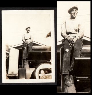 Filthy Car Mechanic Man Sits On Ford Model T Roof 1930s Vintage Photo