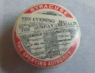 Antique Celluloid Pin Button Advertising Syracuse Sunday Herald Newspaper