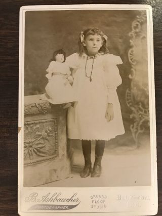 Antique Victorian Cabinet Card Girl Doll Dress Photograph Bluffton Indiana