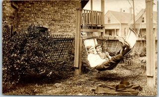 Vintage Rppc Real Photo Postcard Two Young Men In Hammock Gay Interest? C1910s