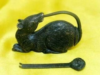 Rare Chinese Old Style Brass Carved Mouse Lock And Key