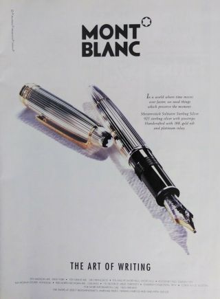 Vintage 1996 Mont Blanc Meisterstuck Solitaire Sterling Silver Pen Art Photo Ad