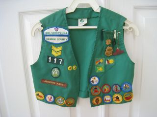 Girl Scouts Vest Size 10 Green 21 Badges/patches 4 Pins Jr.  Firefighter