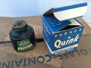 Vintage Parker Ink Quink Washable Green Full Ornate Bottle Boxed 2 Oz