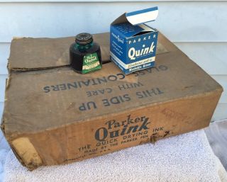 Vintage Parker Ink Quink Washable GREEN Full Ornate Bottle Boxed 2 oz 2