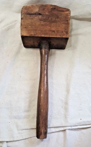Antique Wooden Mallet Primitive Hand Maul Hammer Woodworking Crafting 14 1/2 "