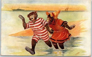 Vintage Artist - Signed Shearer Postcard Bears Beach Scene " Happy " 1909 Cancel