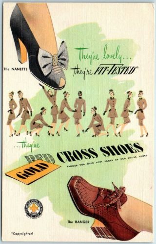 Vintage Red Cross Shoes Linen Advertising Postcard The Nanette Shoe C1940s Wwii
