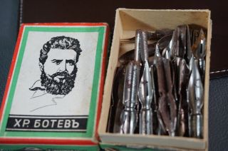 Antique Hristo Botev Nibs Dip Pen Writing Ink Calligraphy Pack Box Manuscript