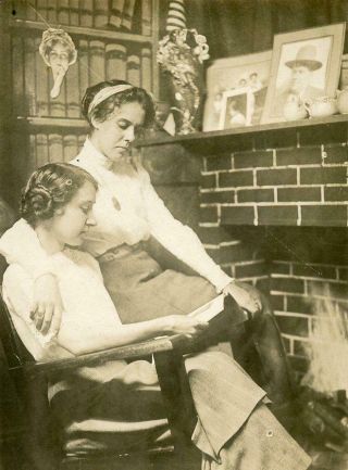 Ps580 Vtg Photo Rppc Two Women Rocking Reading By Fire,  Fireplace C Early 1900 