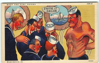 Cute 1941 Wwii Us Navy " Swing It Sailor " Postcard Curt Teich Linen Tattoo Comic