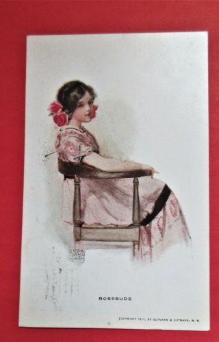 Bessie Pease Gutmann Antique Postcard,  " Rosebuds ",  Posted 1912,