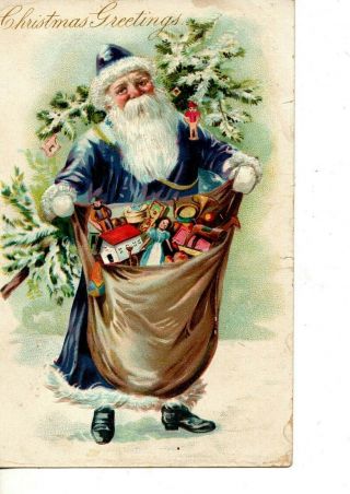Postcard Christmas Greetings Santa In Blue Suit Bag Of Toys Tree 183