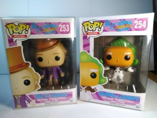 Funko Pop Movies Willy Wonka And Oompa Loompa Figures 253 & 254 In Protectors