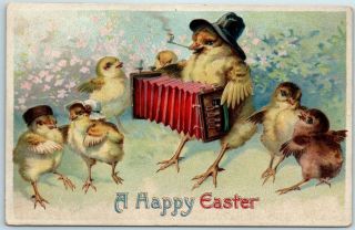 Vintage Easter Postcard Baby Chicks Dancing To Accordion Music C1910s