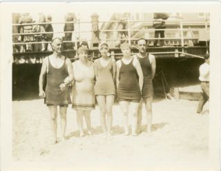 Vintage Photo - Family On The Beach In Their Swimsuits W/ Boardwalk Behind Them