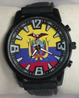 Ecuador Flag Watch Black Case Rubber Band Red Accents