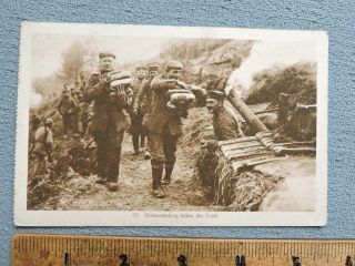 1915 Wwi Postcard German Soldiers Passing Out Bread In The Trenches
