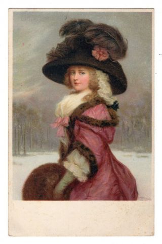 M.  Munk Lady With Feather Hat & Muff In Winter Snow A3221