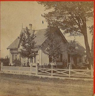 Kid Stands On Fence,  Family Poses In Front Of Building Who Or Where? Stereoview
