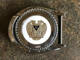 Vintage Masonic Belt Buckle Shriner 32 Degree Scottish Rite Mason W/ Horseshoe