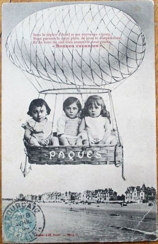 French Fantasy Aviation 1905 Postcard: Children In Hot Air Balloon - Easter