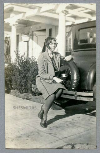 606 Flapper Woman On A Car Bumper,  Automobile,  Auto,  Vintage 1927 Photo