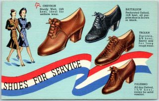Vintage Wwii Advertising Postcard " Shoes For Service " Military Linen
