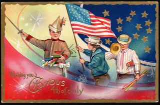 4th Of July - Postcad - Boys,  Flag & Firecaracker - Fourth Of July Series No 5