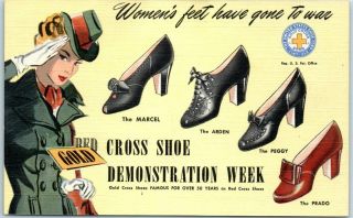 Red Cross Shoes Advertising Postcard " Demonstration Week " Wwii 1943 Linen