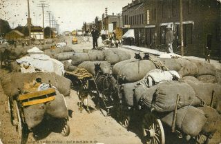 Vintage Postcard Traffic Jam Of Wool & Horse Carts Dickinson Nd Stark County
