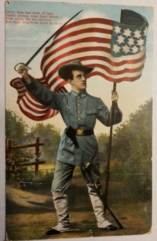 Vintage Patriotic Postcard American Flag Soldier Circa 1910 With Uncle Sam Poem
