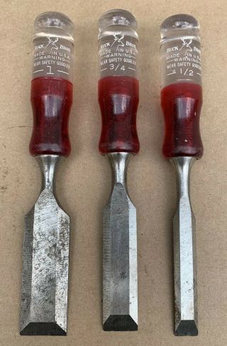 Set Of 3 Buck Bros Beveled Wood Chisels - 1 ",  3/4 ",  1/2 " - Made In Usa