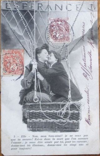 1905 French Fantasy Aviation Postcard: Couple In Hot Air Balloon - 3