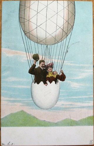 Fantasy Aviation 1904 Postcard: Couple In Egg Hot Air Balloon