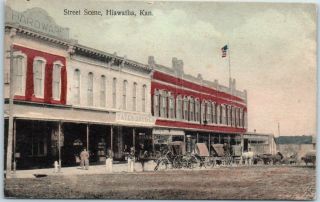 Hiawatha,  Kansas Postcard " Street Scene " Main Street Downtown Printed In Germany