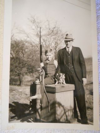 Young Boy With Shotgun Rifle Gun Hunting Hound Dog Puppy Vintage Photo 1930s/40s