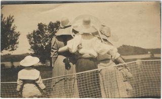 1920s Women In Enormous Hats Pose With Backs To Camera On Tennis Court Snapshot
