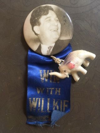 1940 Win With Willkie Political Button Ribbon Elephant Celluloid