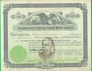 1904 Nashua,  N.  H.  Stock Certificate Ancient Order Of Hibernians O 
