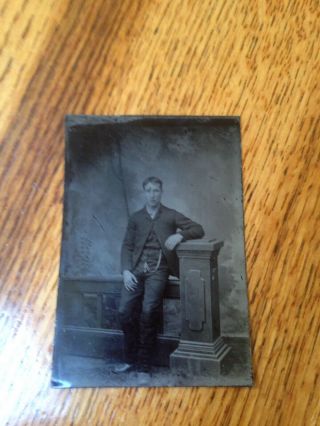 Vintage Black & White Tin Type Photo Civil War Era Handsome Yng Man Watch Chain
