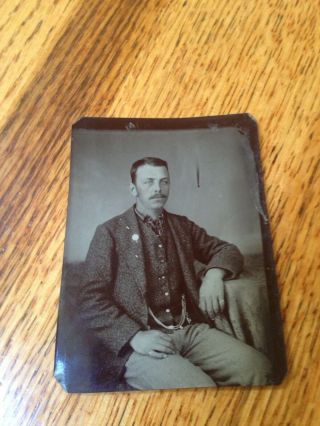 Vintage Black & White Tin Type Photo Civil War Handsome Mustache Man Watch Chain