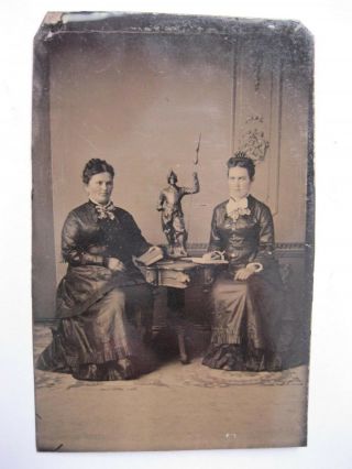 Vintage Tintype Photo Victorian View Of Two Women With Statue And Books