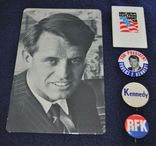 4 Vintage 1968 President Robert F Kennedy Campaign Pinback Buttons 1 Poster - Card