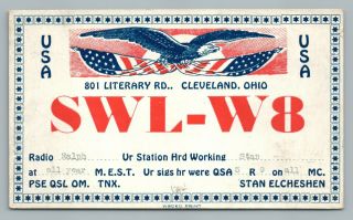 Patriotic Vintage Qsl Cleveland Ohio—stan Elcheshen—early Radio Postcard 1936